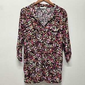 Emily Daniels Sequin Button Front Blouse Top 3/4 Roll Tab Sleeves 2X Eclectic